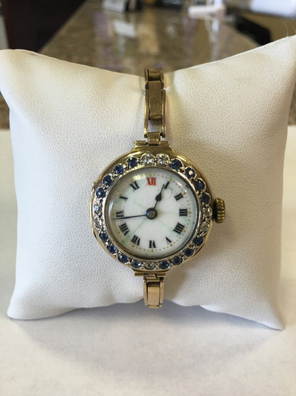 Ladies Vintage Victorian 14K Yellow Gold Diamond Sapphire Watch Adjusting Band