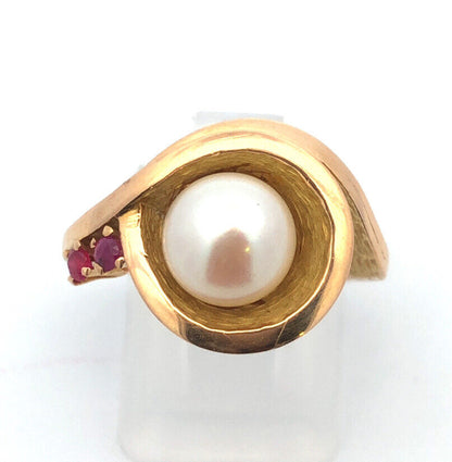 Modernist 14K Yellow Gold Pearl Ruby Accent Statement Cocktail Ring