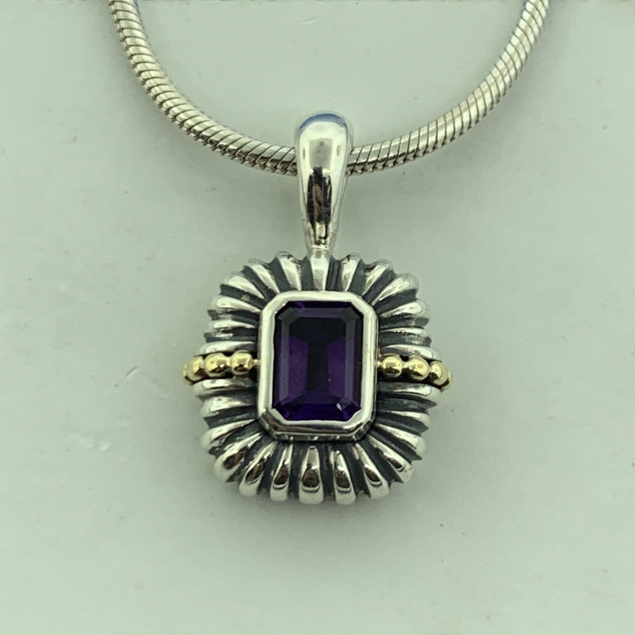 Stunning Sterling Silver 925 18k Trim Purple Amethyst Pendant 16" Chain Necklace