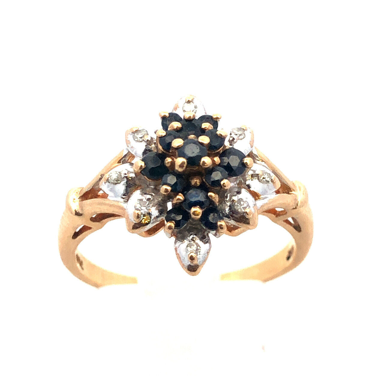 Vintage 10K Yellow Gold Sapphire Diamond Flower Waterfall Cluster Cocktail Ring