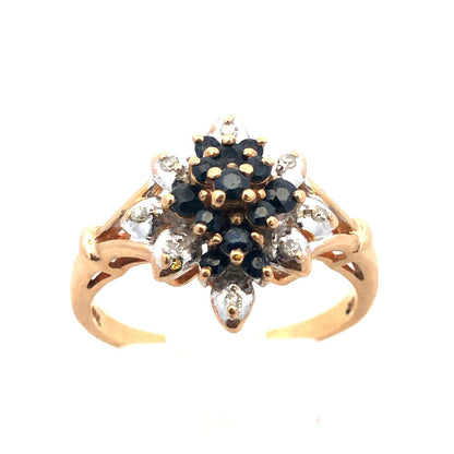 Vintage 10K Yellow Gold Sapphire Diamond Flower Waterfall Cluster Cocktail Ring