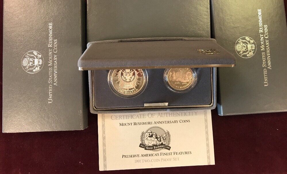 1991 S Mount Rushmore Anniversary 2 Coin 90% Silver Clad Proof Set OGP/COA