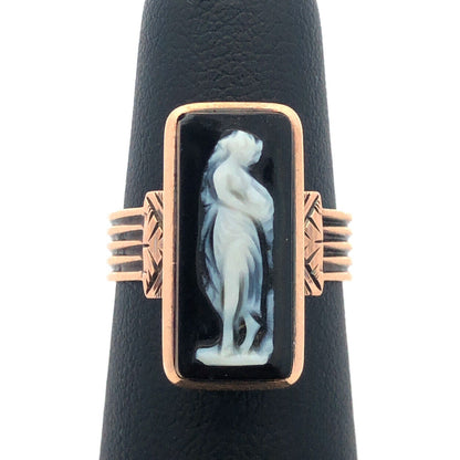 Vintage Estate 14k Yellow Gold Rectangle Onyx Cameo Statement Ring Size 5.75