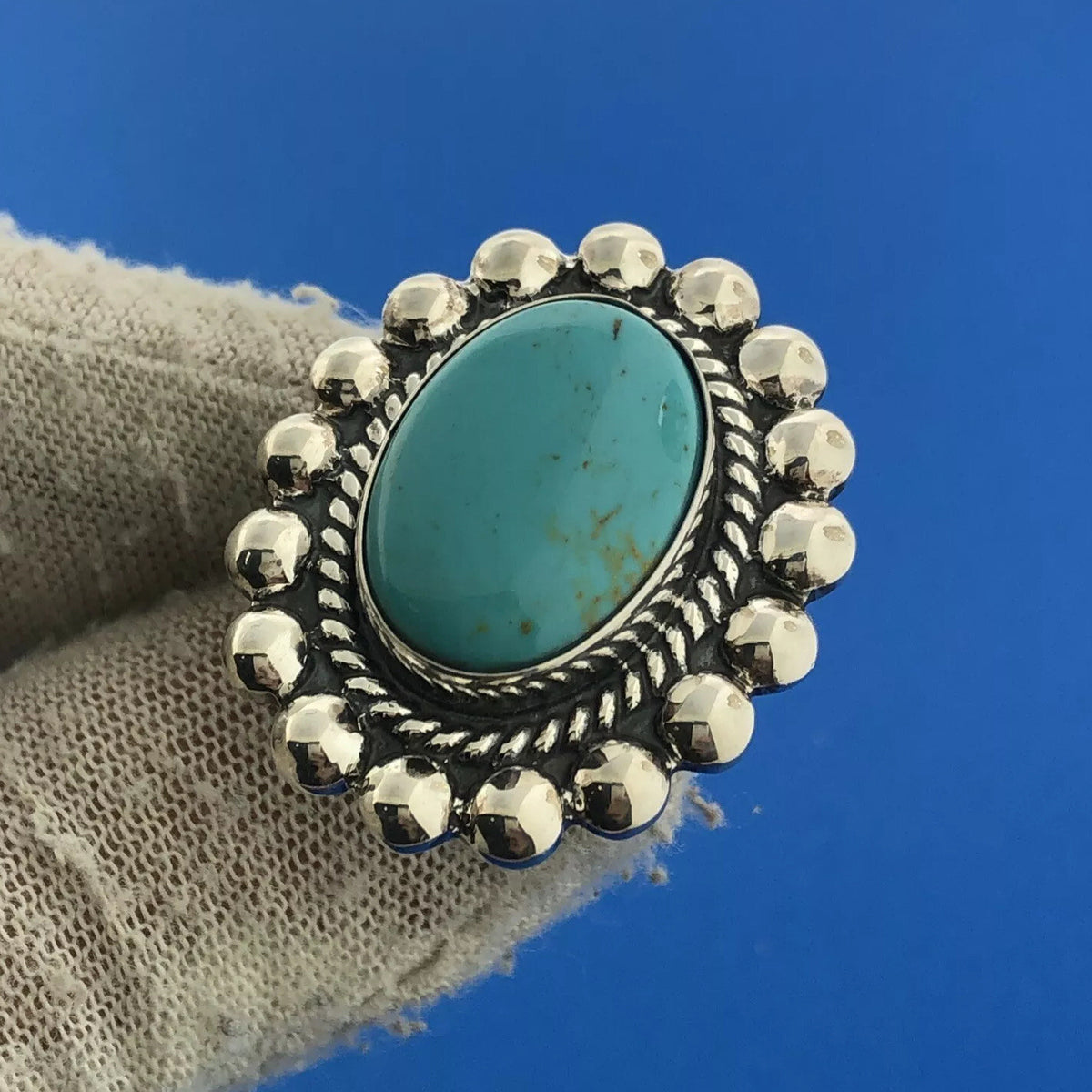 MWS Mexican Sterling Silver 925 Oval Cabochon Turquoise Statement Ring Size 6