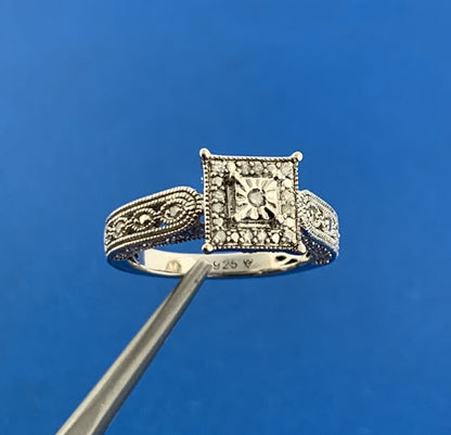 Designer 925 Sterling Silver Diamond Square Top Halo Accented Engagement Ring
