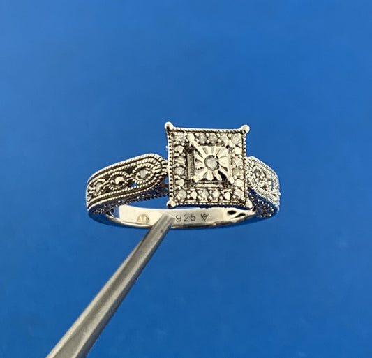 Designer 925 Sterling Silver Diamond Square Top Halo Accented Engagement Ring
