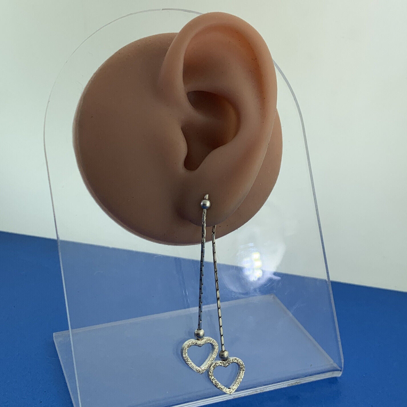 Vintage Italy 925 Sterling Silver Double Heart Drop Dangle Chain Stud Earrings