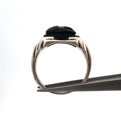 Designer G 925 Sterling Silver Carved Black Onyx Viking Roman Soldier Mens Ring