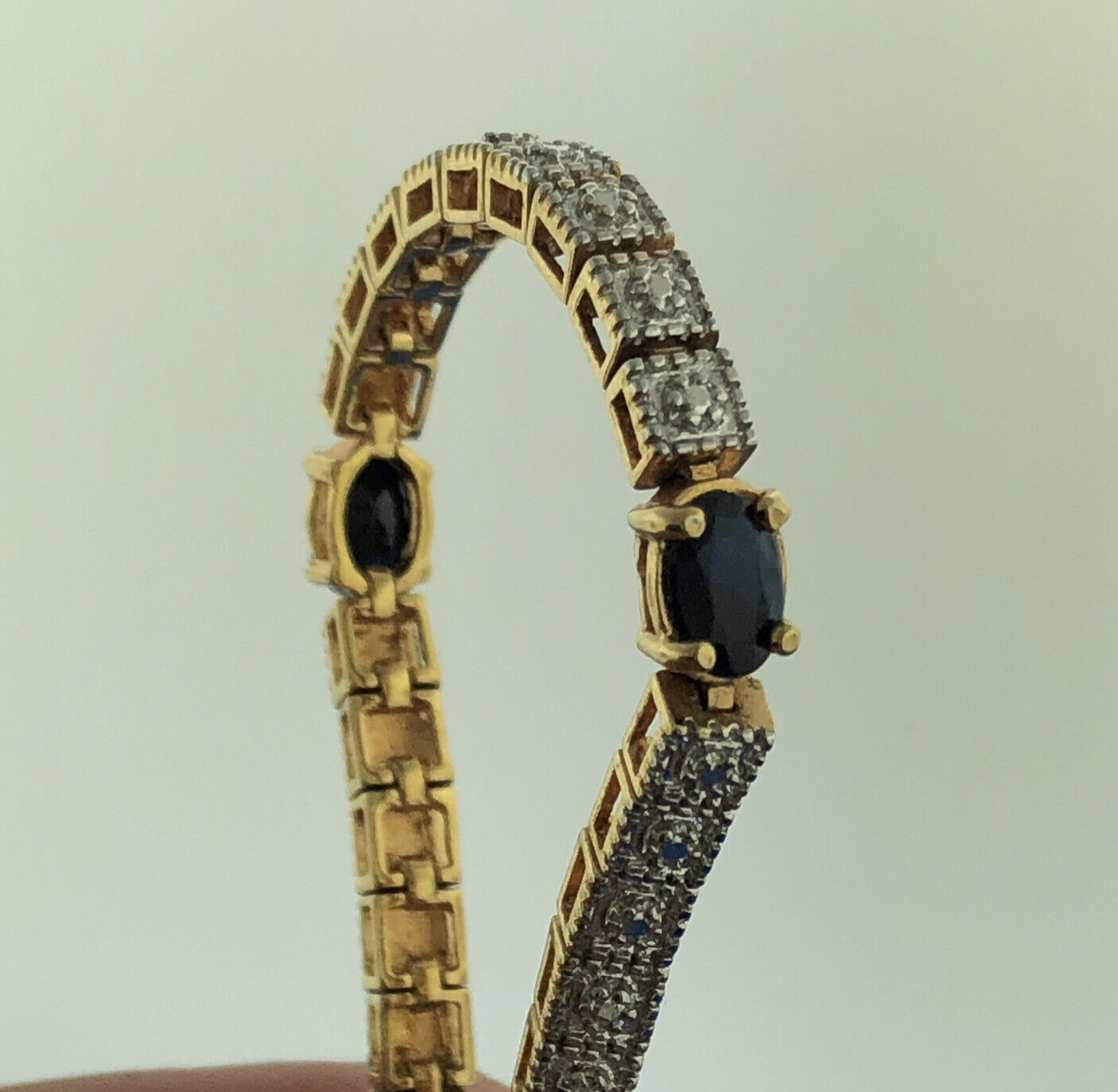 Sterling Silver 925 Vermeil Oval Blue Sapphire Diamond Illusion Tennis Bracelet