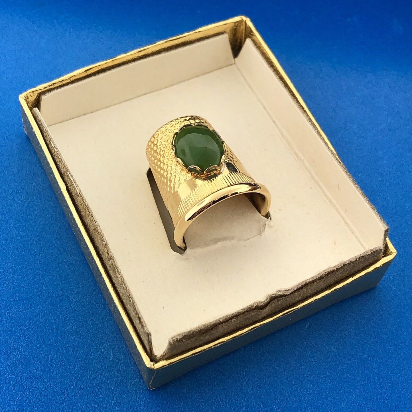Vintage Gold Tone Jeweled Sewing Thimble Jade Cabochon With Original Box