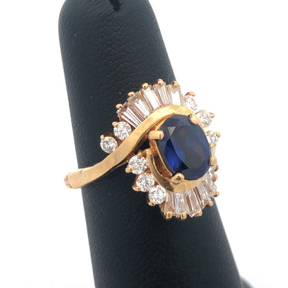 Designer 14K Yellow Gold Oval Sapphire Diamond Wave Halo Bypass Cocktail Ring