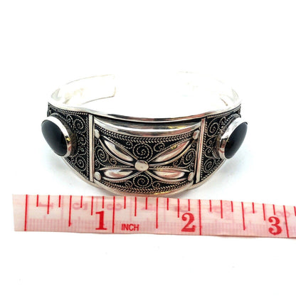 Vintage 925 Sterling Silver Black Onyx Filigree Swirl Open Cuff Bracelet