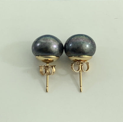 Designer 14K Yellow Gold Tahitian Pearl Statement Stud Earrings 10.5mm