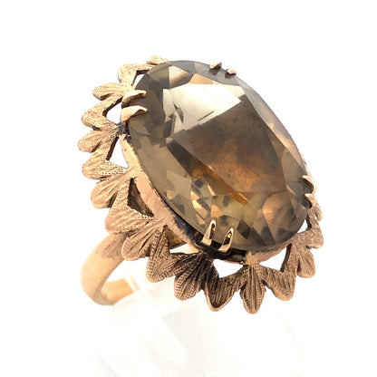 Vintage Retro 14k Yellow Gold Smoky Topaz Statement Cocktail Ring