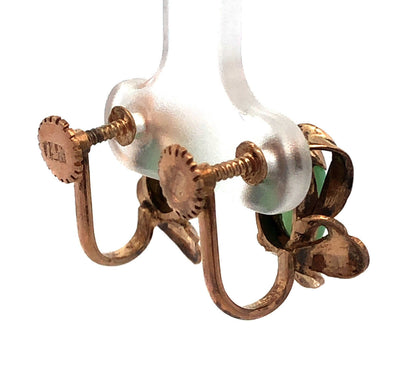 Vintage 14K Yellow Gold Pear Green Jade Cabochon Floral Screw Back Earrings