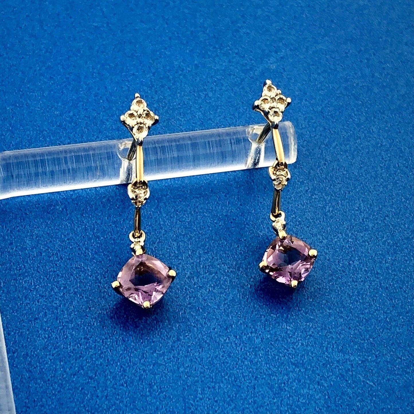 Gorgeous 14k Yellow Gold Cushion Amethyst Quartz Diamond Dangle Stud Earrings