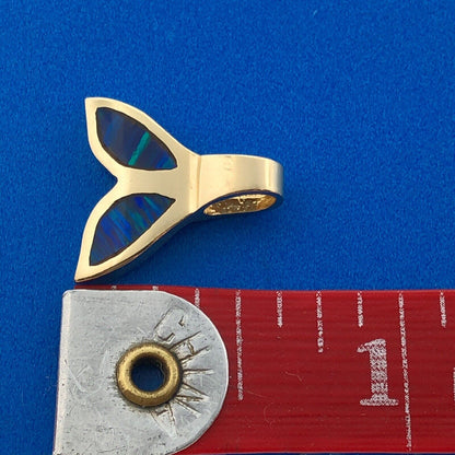 Designer AJM 14k Yellow Gold Blue Black Opal Aquatic Dolphin Tail Charm Pendant