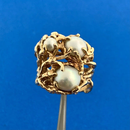 Gorgeous 14k Yellow Gold Triple Gray Pearl Openwork Branch Statement Size 7 Ring