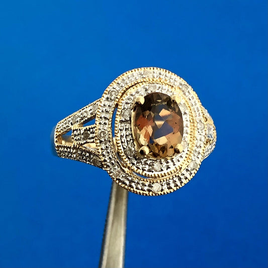 Designer DYACH 14K Yellow Gold Oval Smoky Quartz Diamond Double Halo Ring