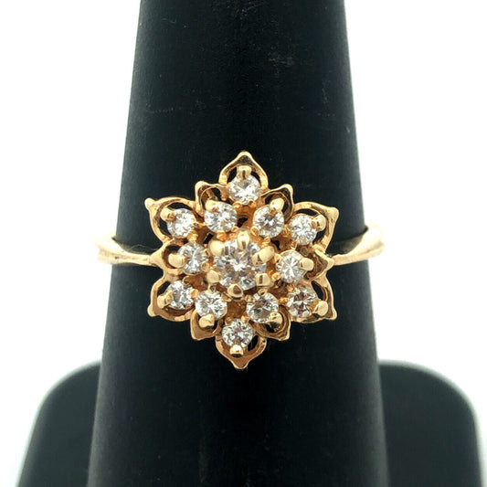 Vintage 14K Yellow Gold Round Diamond Cluster Flower Cocktail Ring