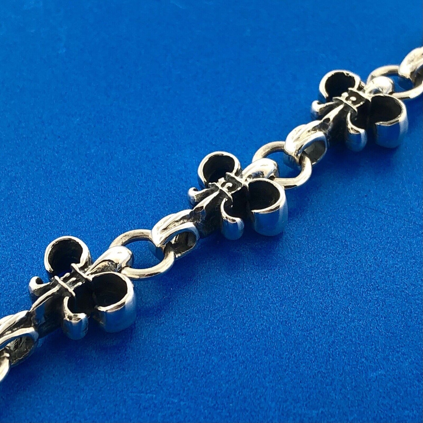 Retro 925 Sterling Silver Fleur De Lis Link Panel Toggle Bracelet
