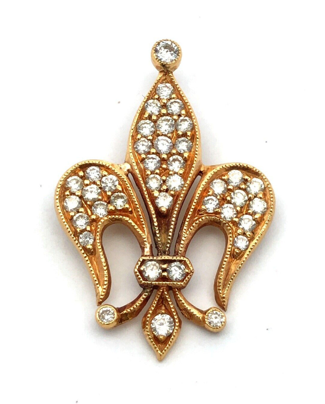 Estate 18K Yellow Gold Round Diamond Fleur De Lis French Religious Pendant