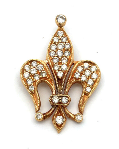 Estate 18K Yellow Gold Round Diamond Fleur De Lis French Religious Pendant