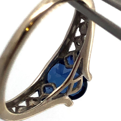 Designer 10K White Gold Oval Blue Sapphire Round Diamond Accented Ring