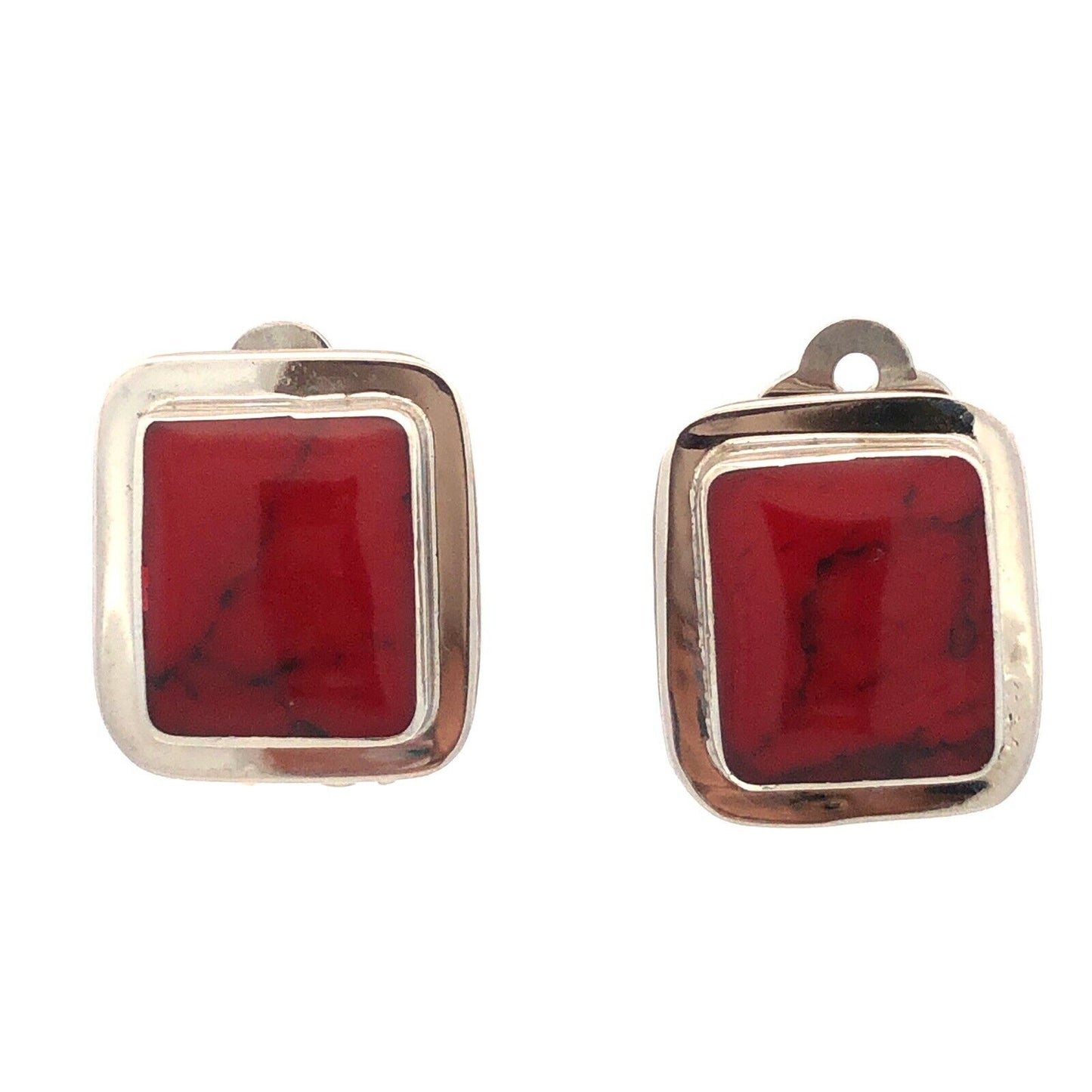 Designer Mexico Sterling Silver Brecciated Red Jasper Rectangle Clip Earrings