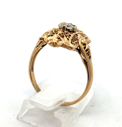 Vintage 10K Yellow Gold Diamond Floral Filigree Statement Finger Ring