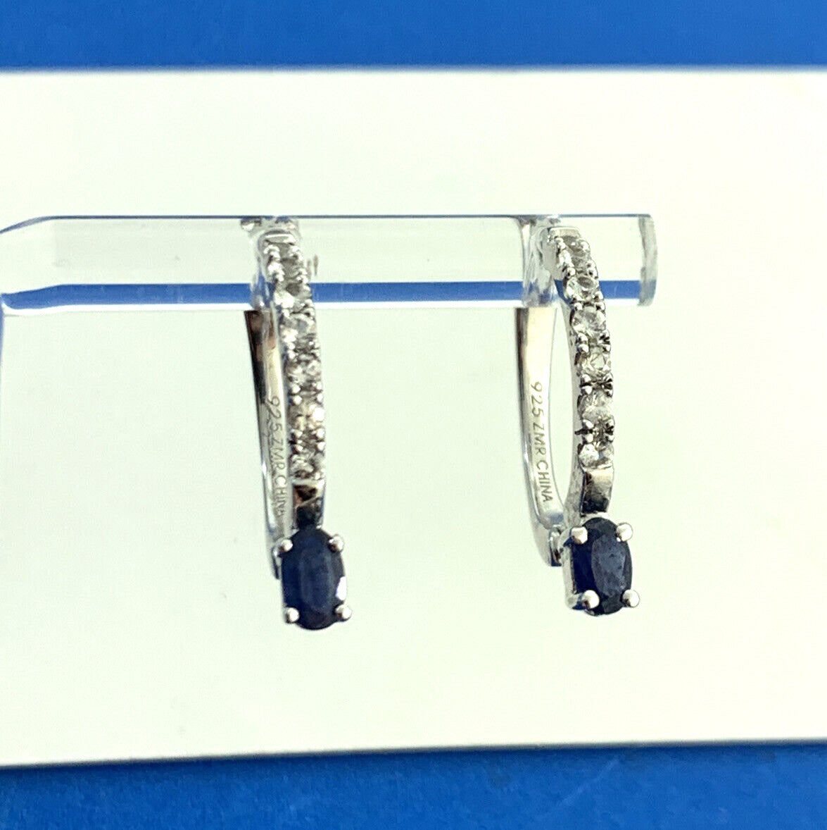 Designer 925 Sterling Silver Sapphire White Topaz Accented Huggie Hoop Earrings