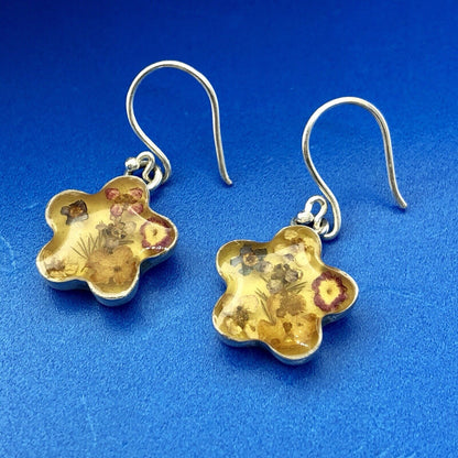 Designer ATI Mexico Sterling Silver 925 Amber Fossil Floral Drop Earrings