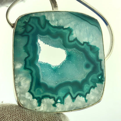 Stunning Sterling Silver 925 Blue Green Druzy Quartz Modernist Statement Pendant