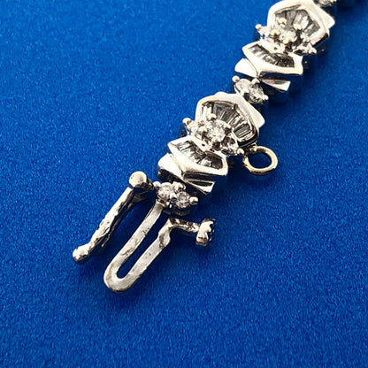 Vintage WGD 14K White Gold Diamond Panel Round Baguette Tennis Bracelet