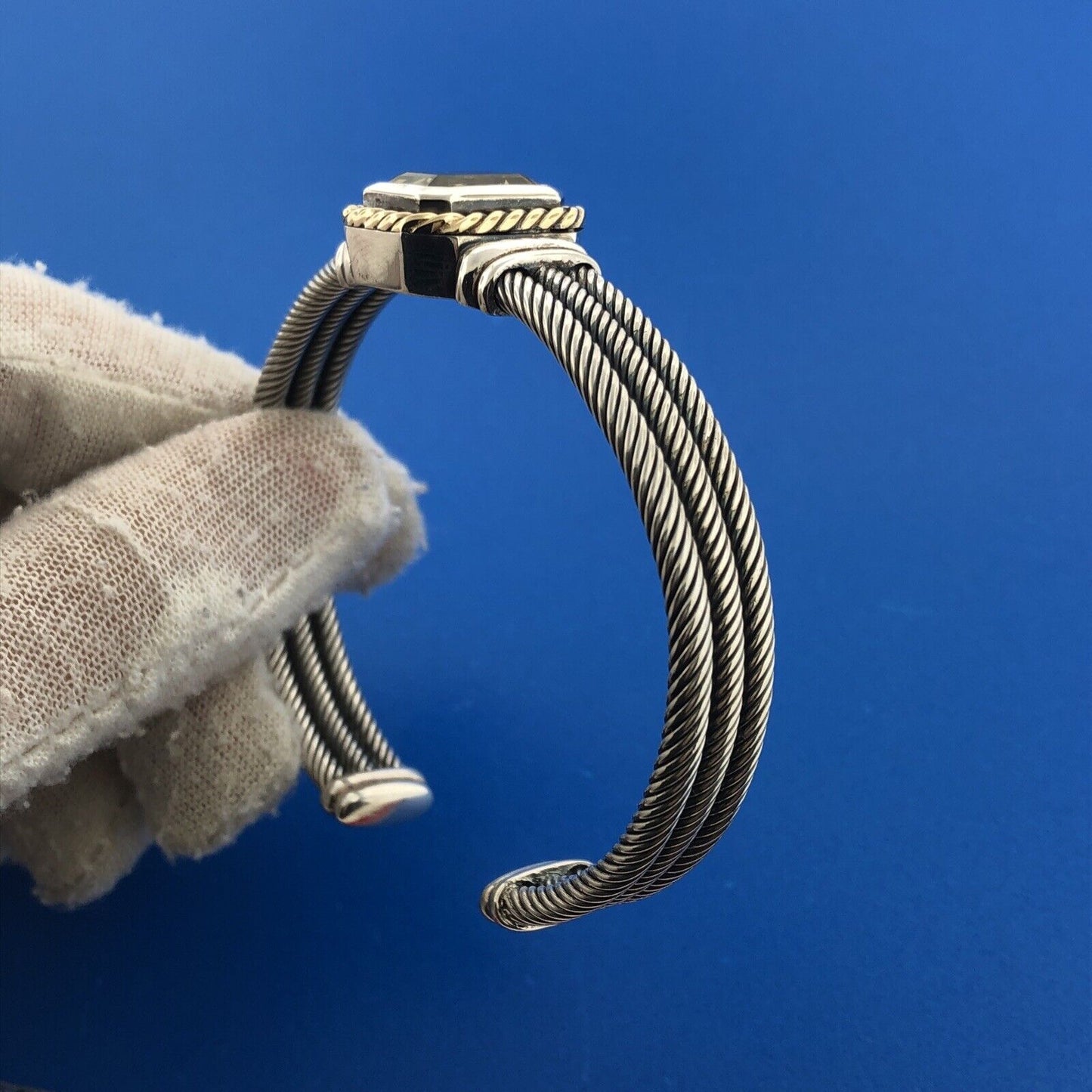 Designer CNA 925 Sterling Silver 14K Green Amethyst Cable Cuff Bracelet