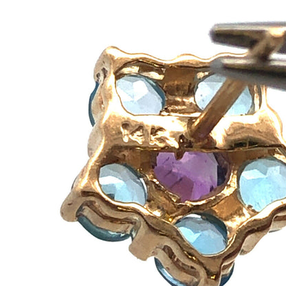 Estate 14K Yellow Gold Blue Topaz Amethyst Flower Statement Stud Earrings