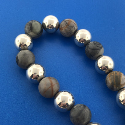 Lovely Sterling Silver 925 Cabochon Gray Jasper Bead Toggle 16" Strand Necklace