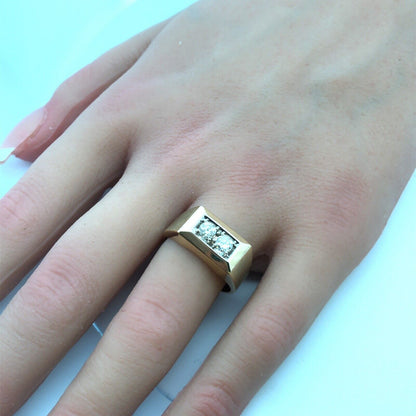 14K Yellow Gold Round Diamond Duo Rectangle Statement Dome Ring