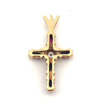 14K Yellow Gold Ruby Diamond Cross July Communion Easter Pendant