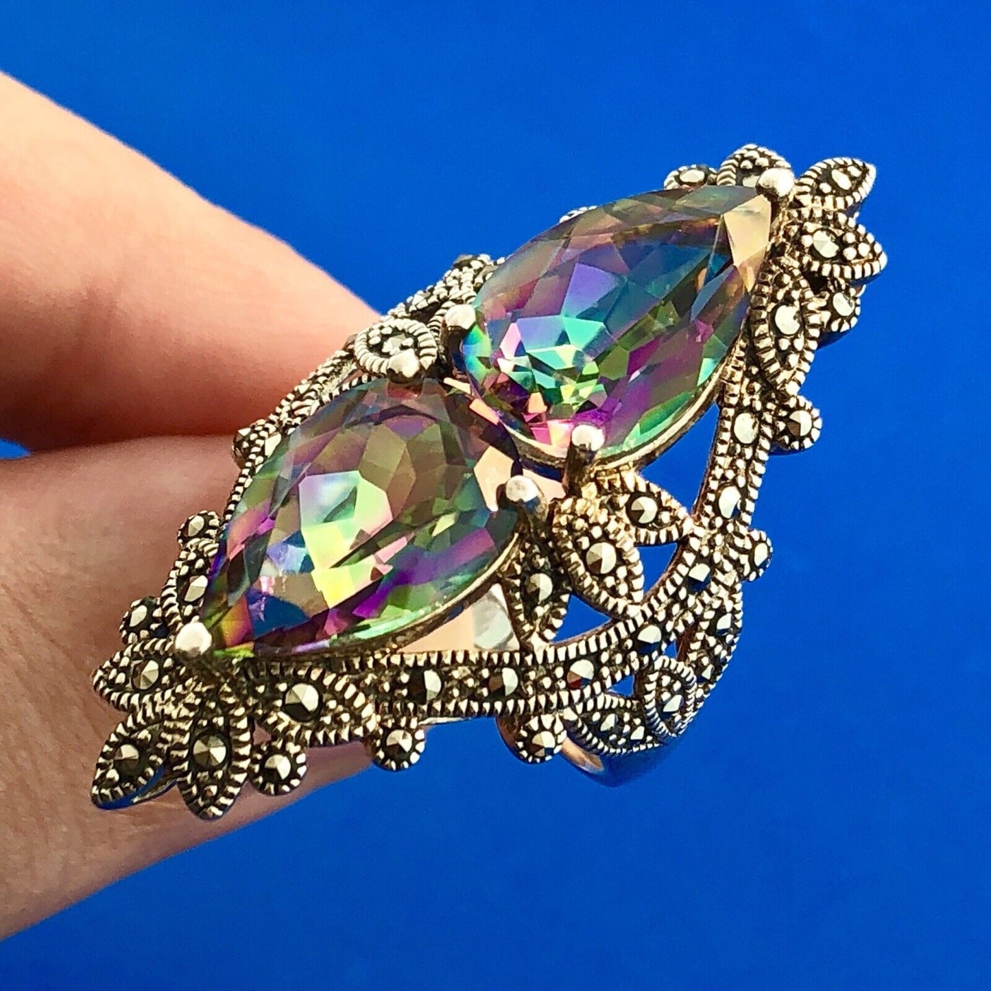 Designer BBJ Sterling Silver 925 Mystic Topaz Marcasite Statement Finger Ring