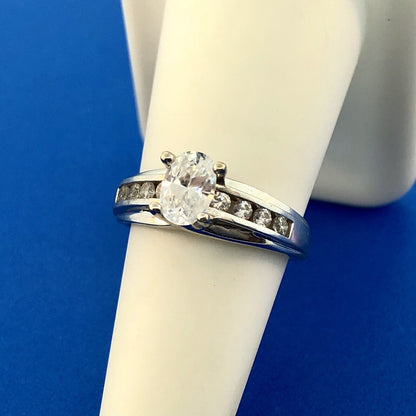 14K White Gold Diamonique Cubic Zirconia Oval Solitaire Accents Engagement Ring