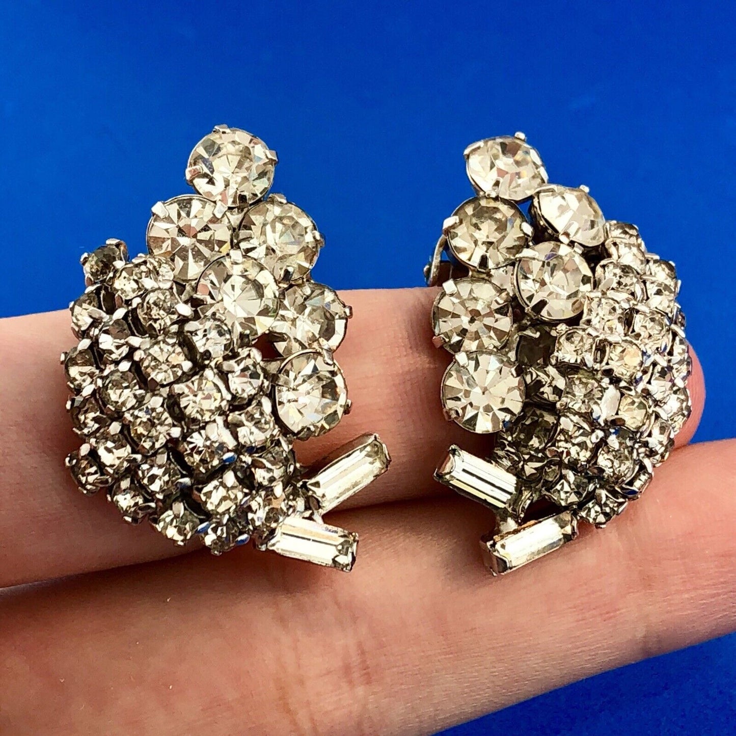 Retro Haute Couture Silver Tone Rhinestone Grape Cluster Statement Clip Earrings
