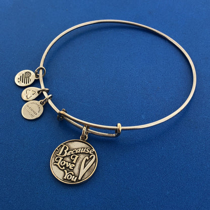 2016 ALEX And ANI Bronze Toned Because I Love You Wire Adjustable Charm Bracelet