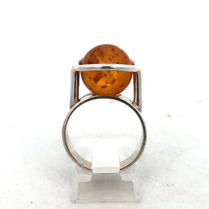 Vintage 925 Sterling Silver Yellow Amber Ball Marble Statement Ring