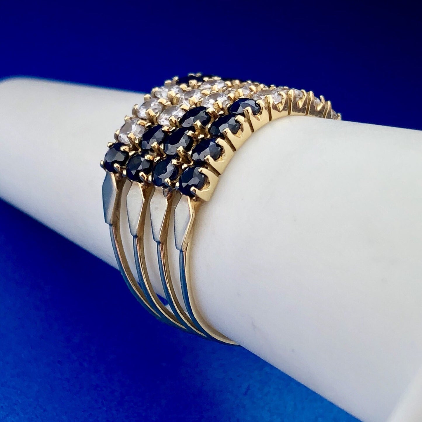 14K Yellow Gold Blue Sapphire Cubic Zirconia Cocktail Statement Stacker Ring