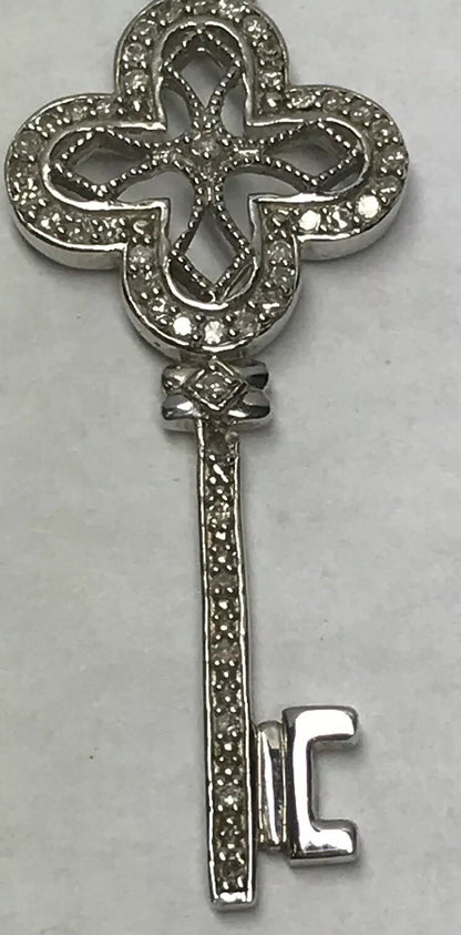 Vintage Designer Sterling Silver 925 Diamond Filigree Open Scroll Key Necklace