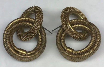 Vintage Gold Tone Mesh Ribbed Double Hoop Pierced Earrings