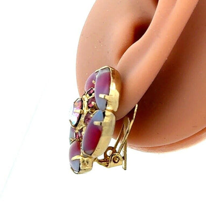 Vintage Gold Tone Pink Purple Rhinestone Jelly Belly Flower Clip On Earrings