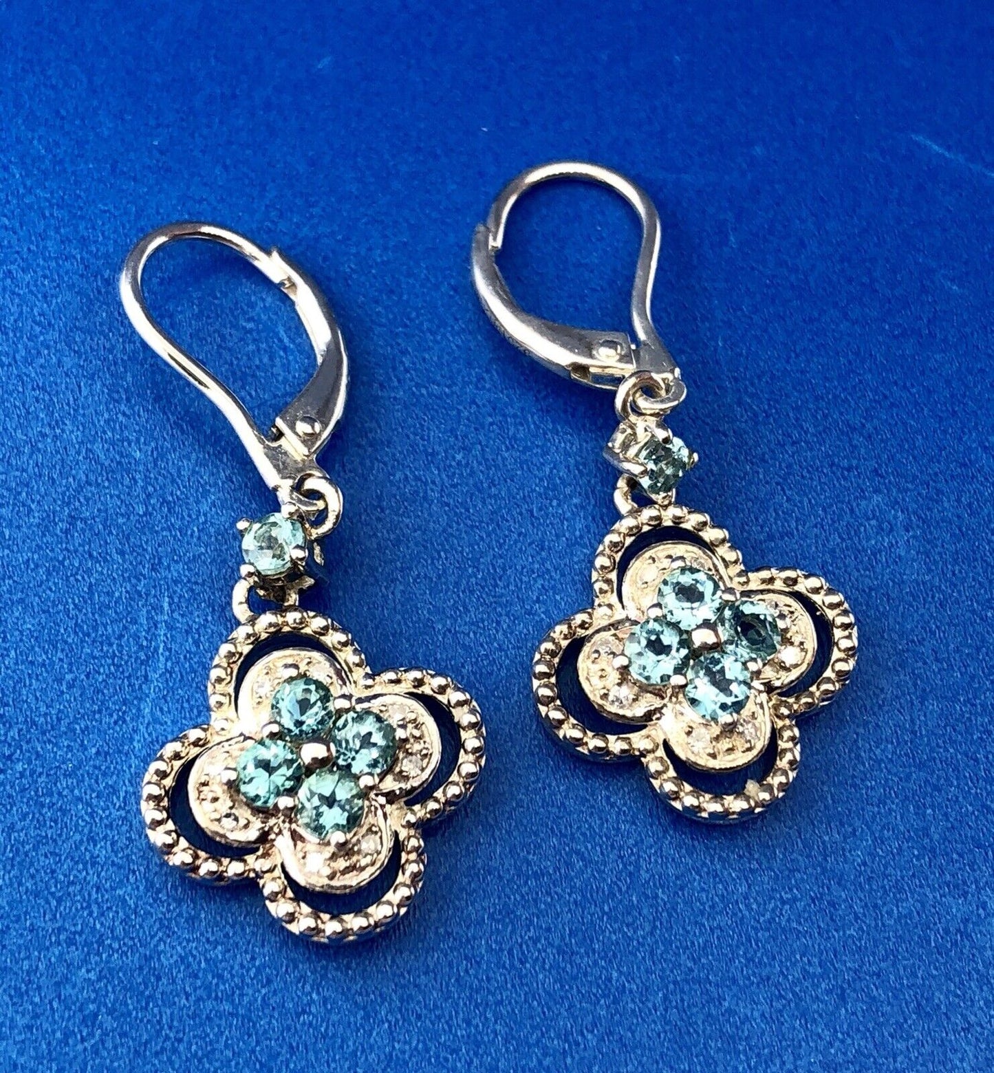 Designer Sterling Silver 925 Blue Topaz Diamond Flower Drop Dangle Earrings