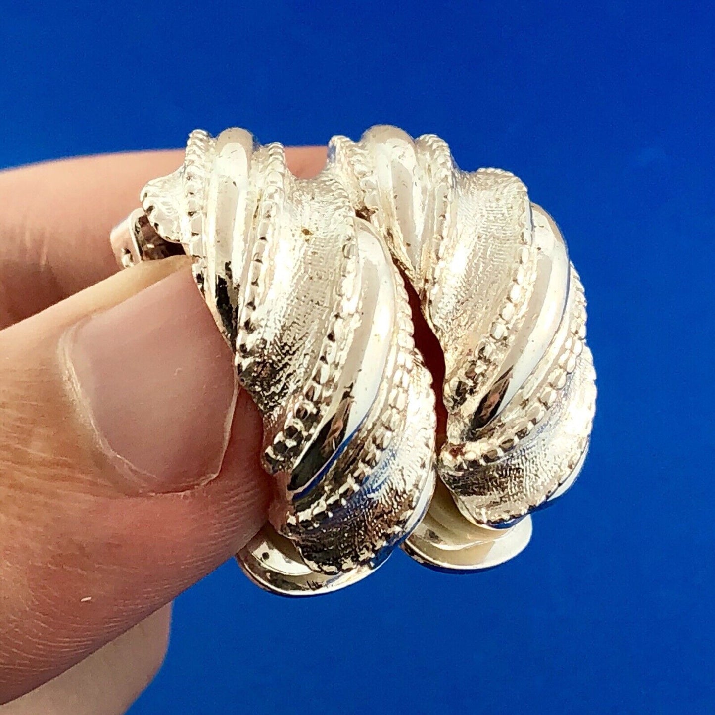 Classic Silver Tone Polished Textured Beaded Twist Half Hoop Clip Earrings